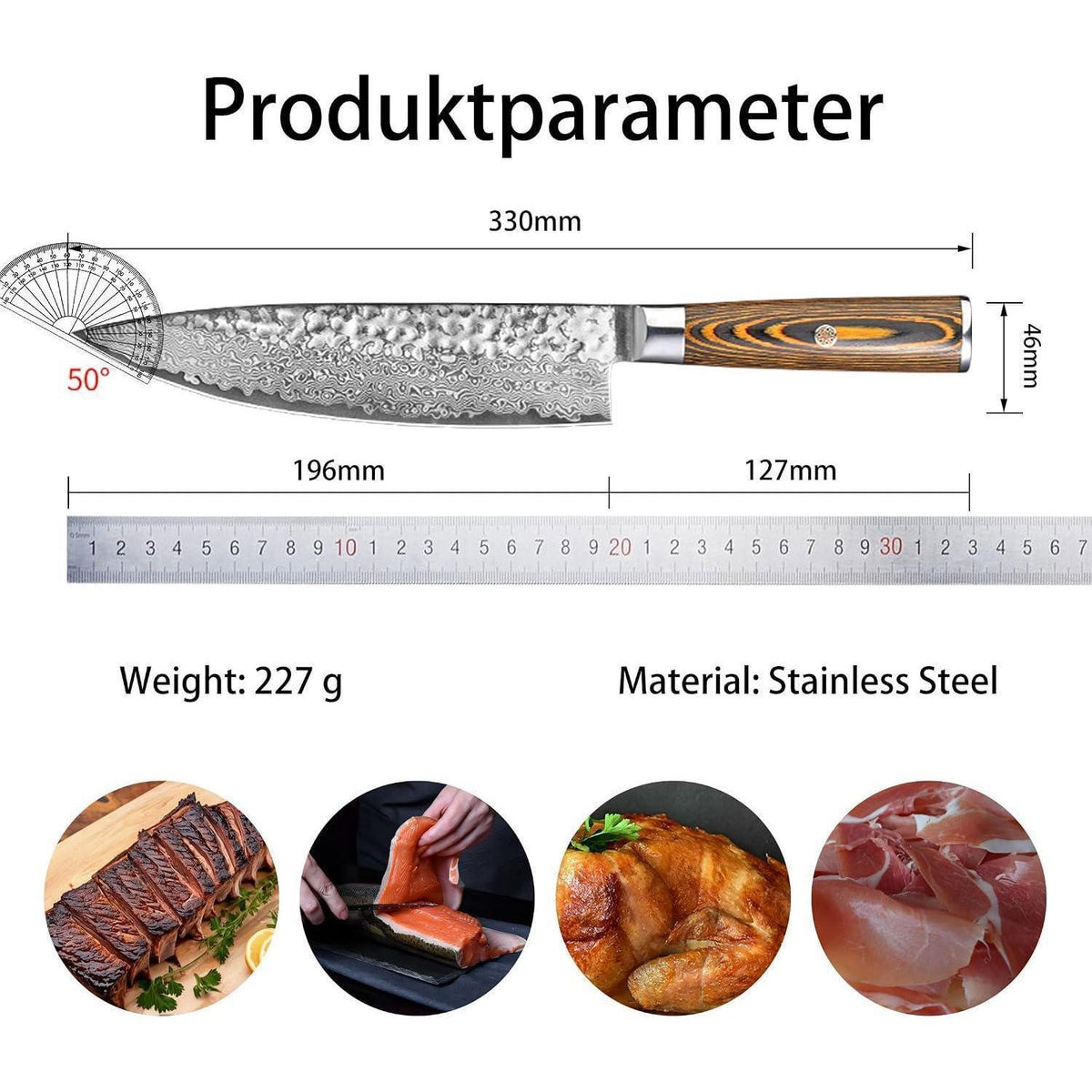 Damaszener Kochmesser 20cm – Scharfes Profi Messer Braun