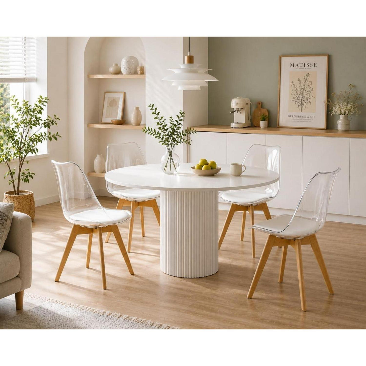 Transparente Esszimmerstühle Set 8er mit Buchenbeinen & Sitzkissen