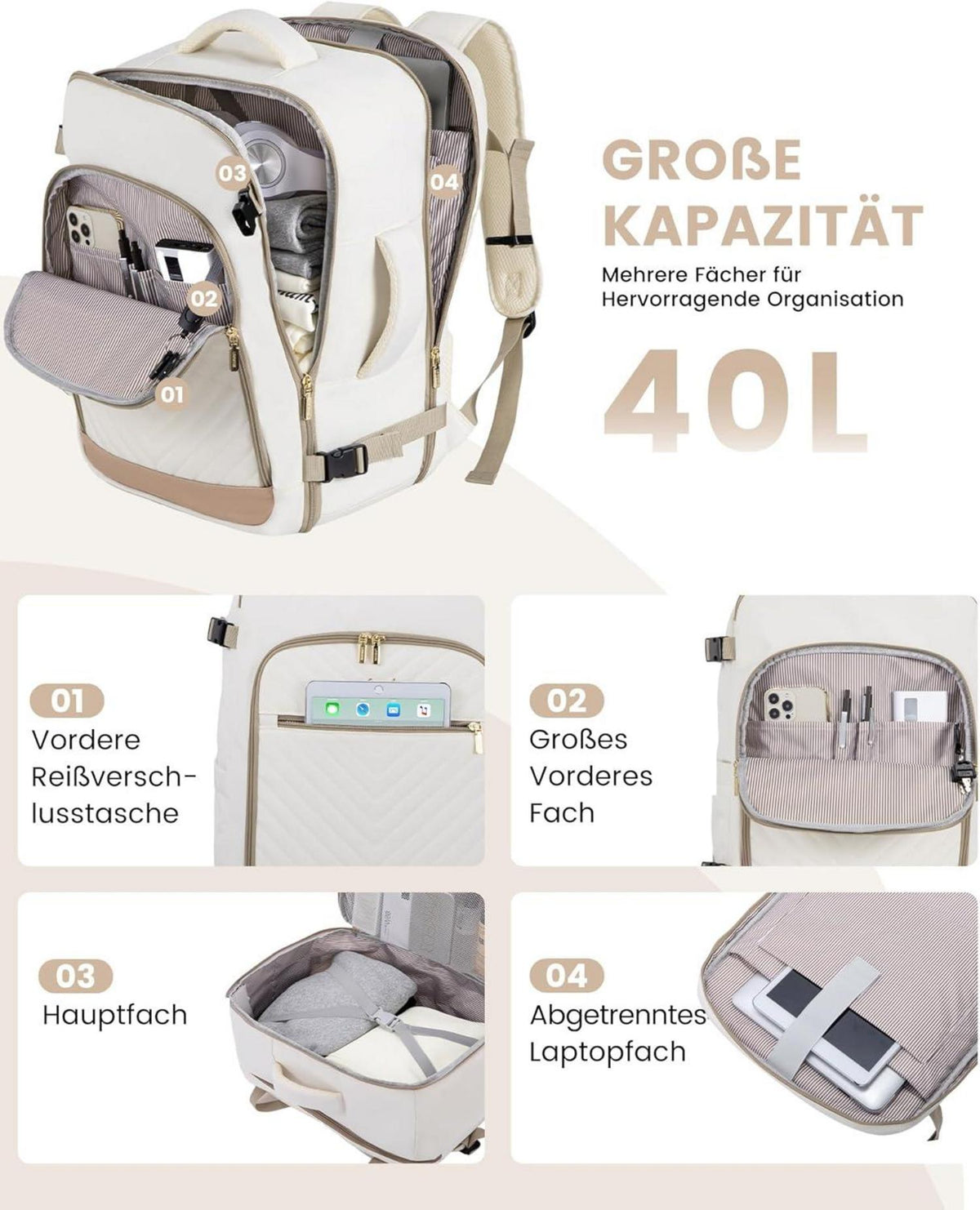 Handgepäck Rucksack 40L Damen Reiserucksack Groß Travel Backpack