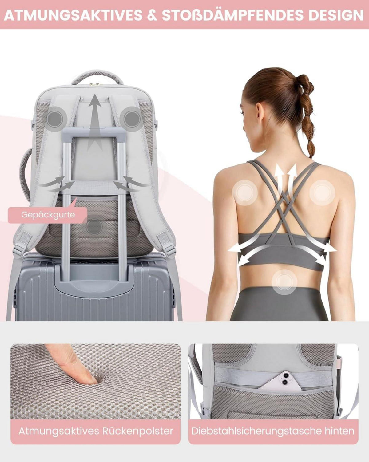 Reiserucksack Damen 40L Handgepäck Flugzeug 17 Zoll Laptop Grau