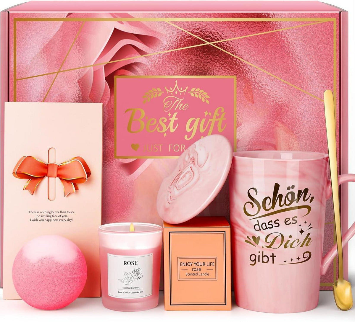 Geschenkset Wellness Spa Keramiktasse, Aromatherapie Kerze, Badebombe