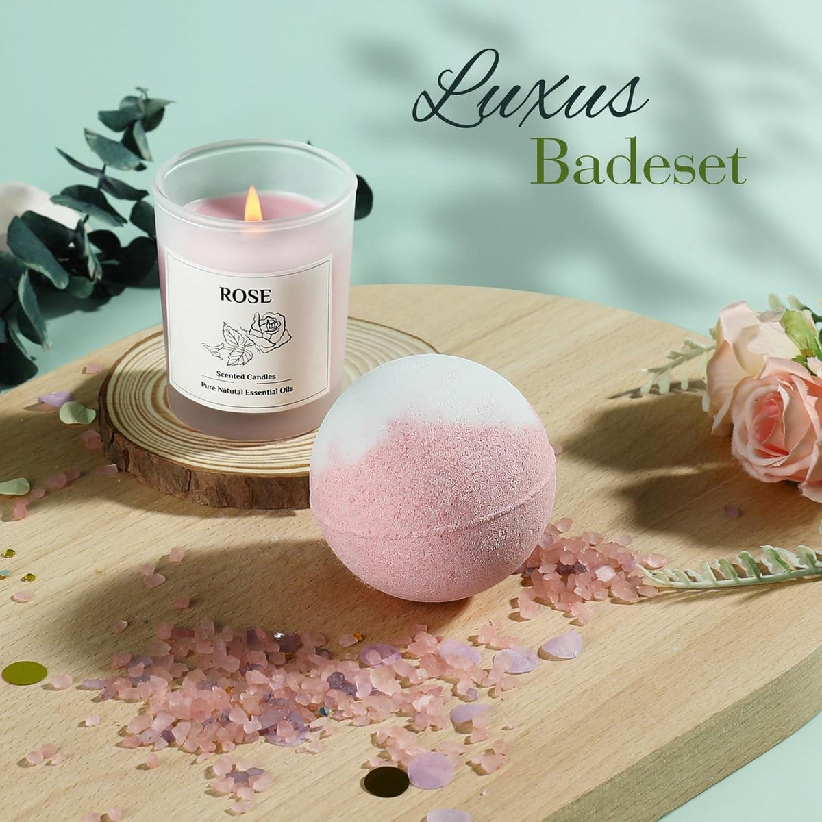 Wellness Geschenkset für Frauen - Tasse, Kerze & Badebombe, Rosa & Gold, Geburtstag & Weihnachten