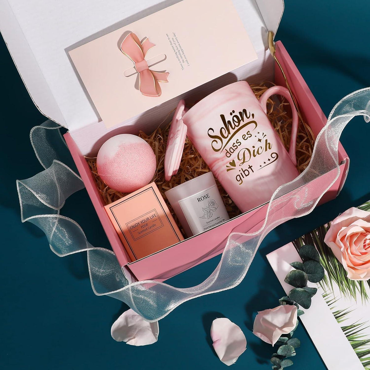 Geschenkset Frauen Weihnachten Tasse Badebombe Kerze Duft Geschenkbox