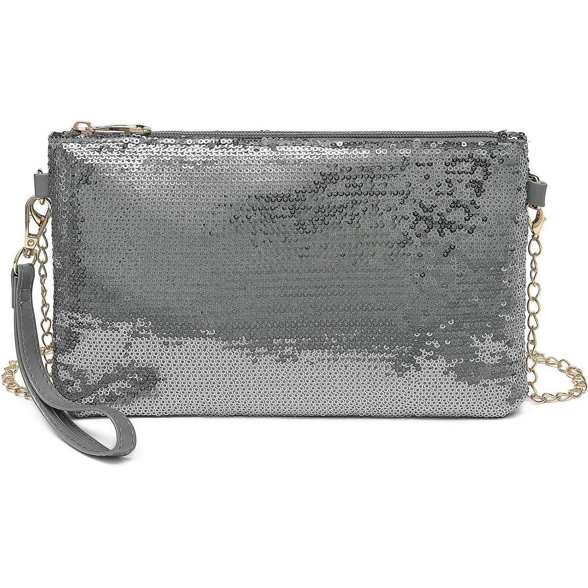 Pailletten Mini Clutch mit goldener Kette – Silber