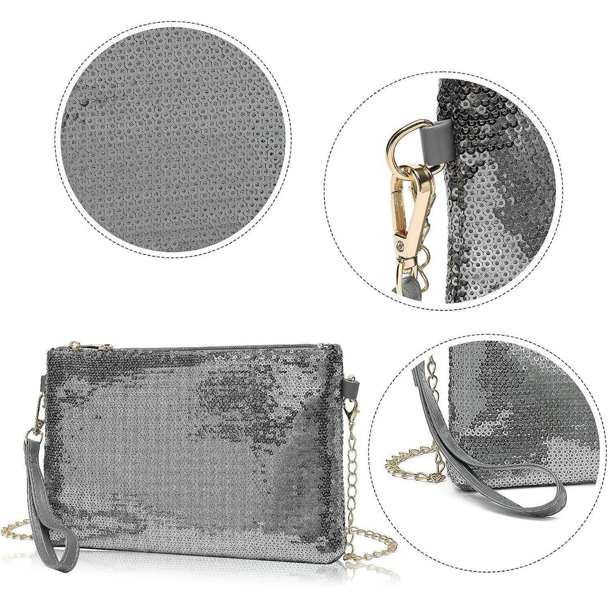 Pailletten Mini Clutch mit goldener Kette – Silber