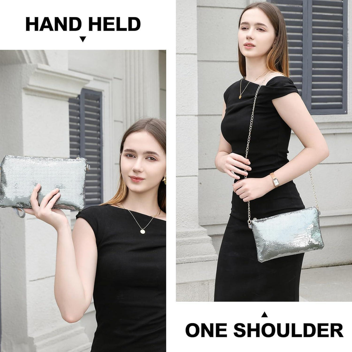 Pailletten Mini Clutch mit goldener Kette – Silber