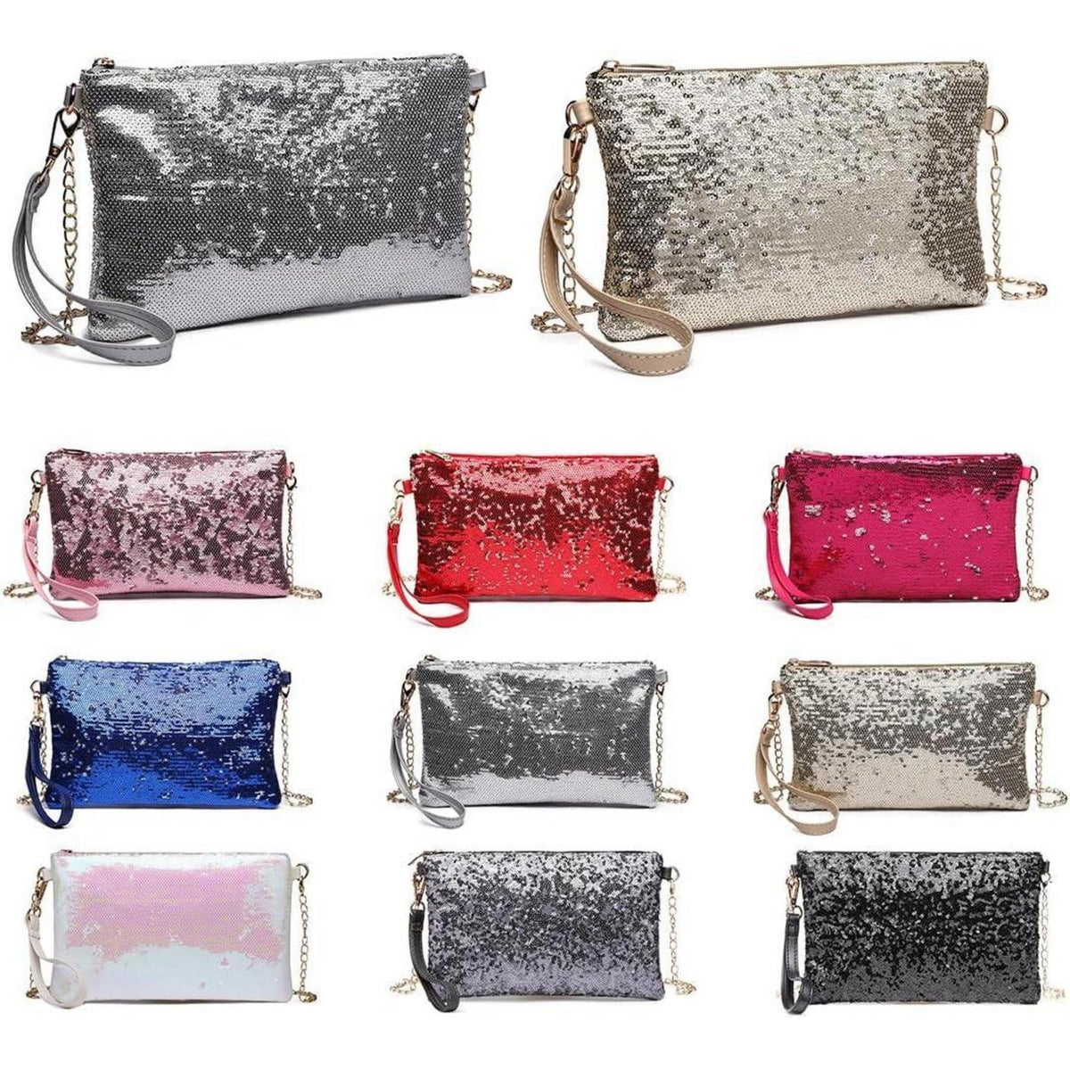 Pailletten Mini Clutch mit goldener Kette – Silber
