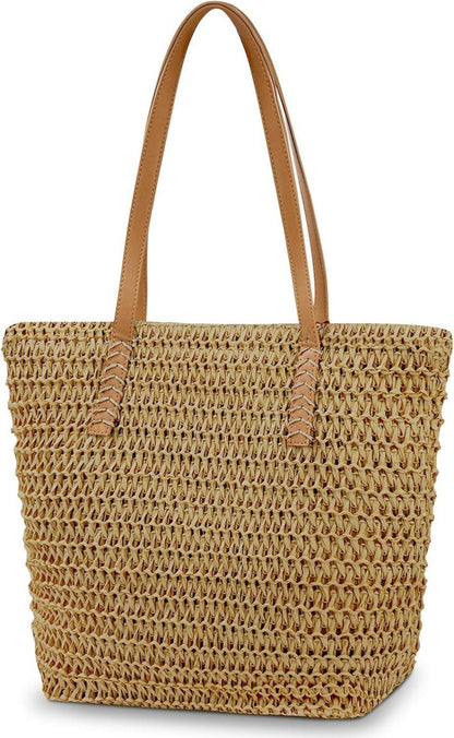 Strohtasche Damen Sommer Strand Reißverschluss Schultertasche