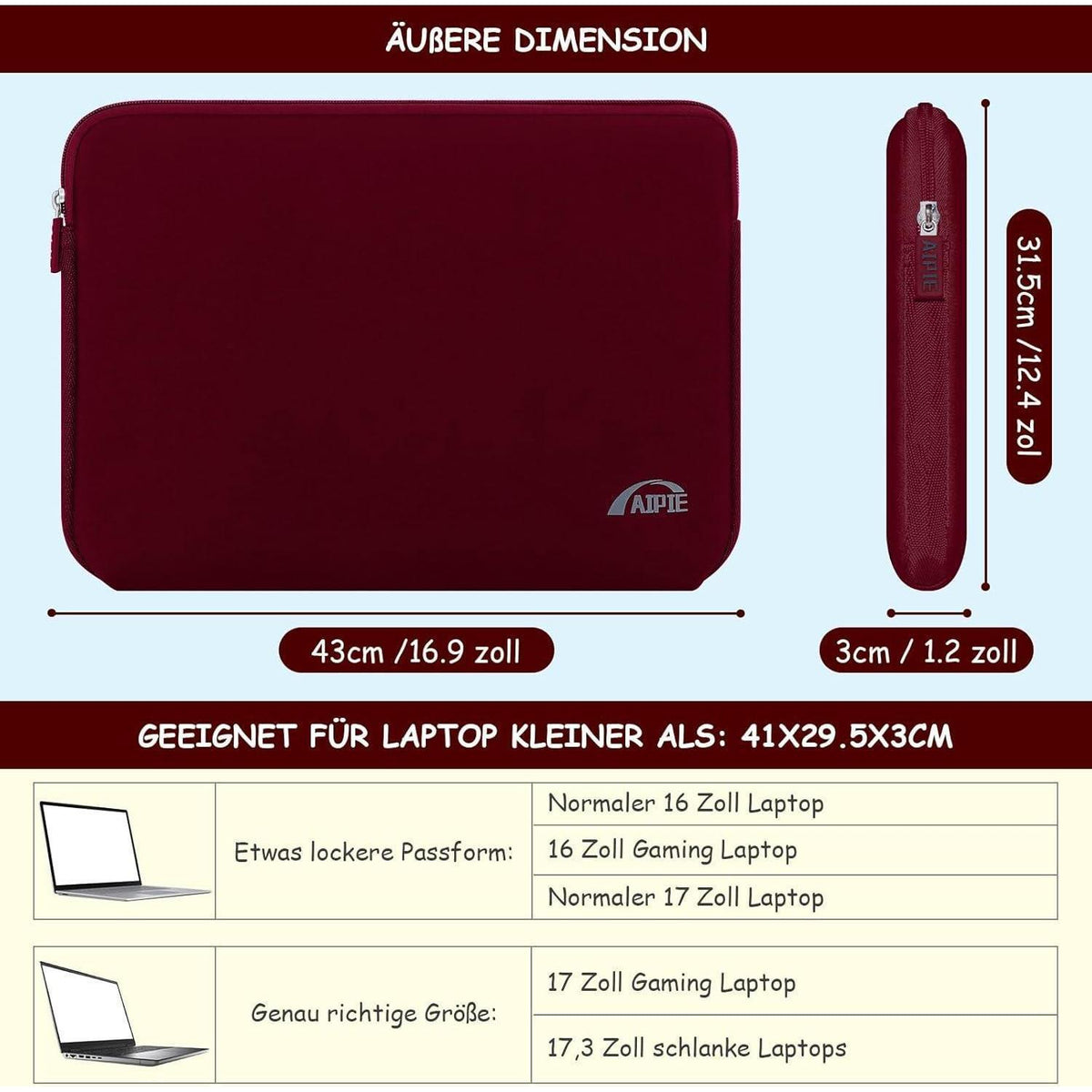 Laptop Tasche 17,3 Zoll Hülle Rot 41x30,5cm 3-Schicht-Schutz