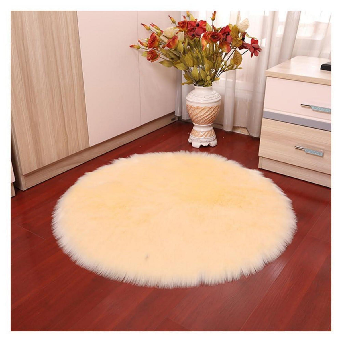 Runder Schaffellteppich Flauschig Beige 120cm Kunstfell Teppich