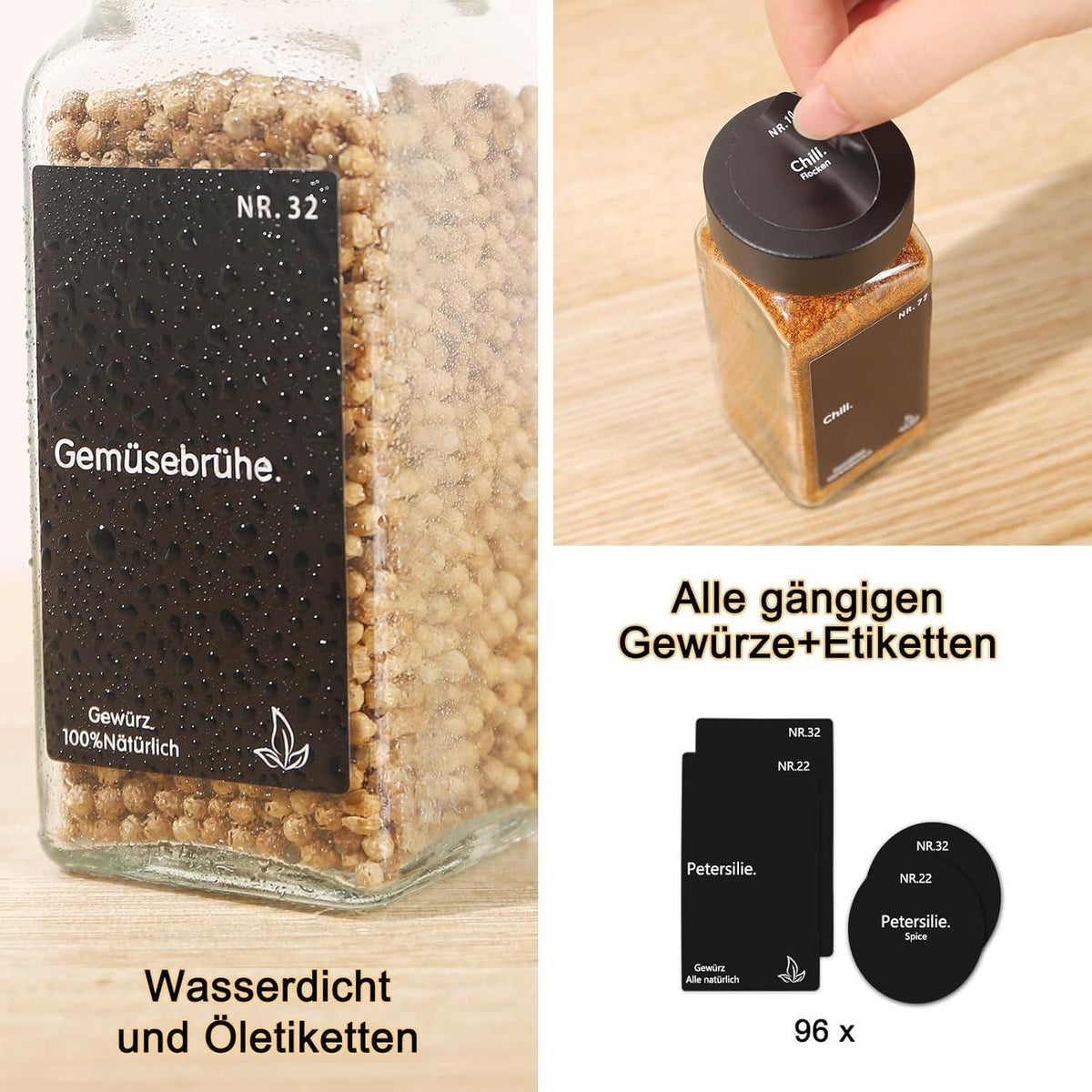 Gewürzgläser 24x 120ml mit Streueinsatz, Schwarz, Edelstahl Deckel, 240 Etiketten