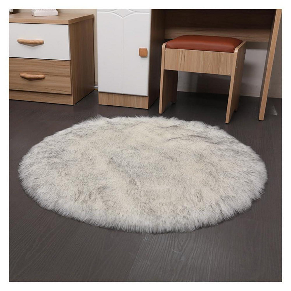 Runder Schaffellteppich weißgrau – Flauschig & Rutschfest 110cm
