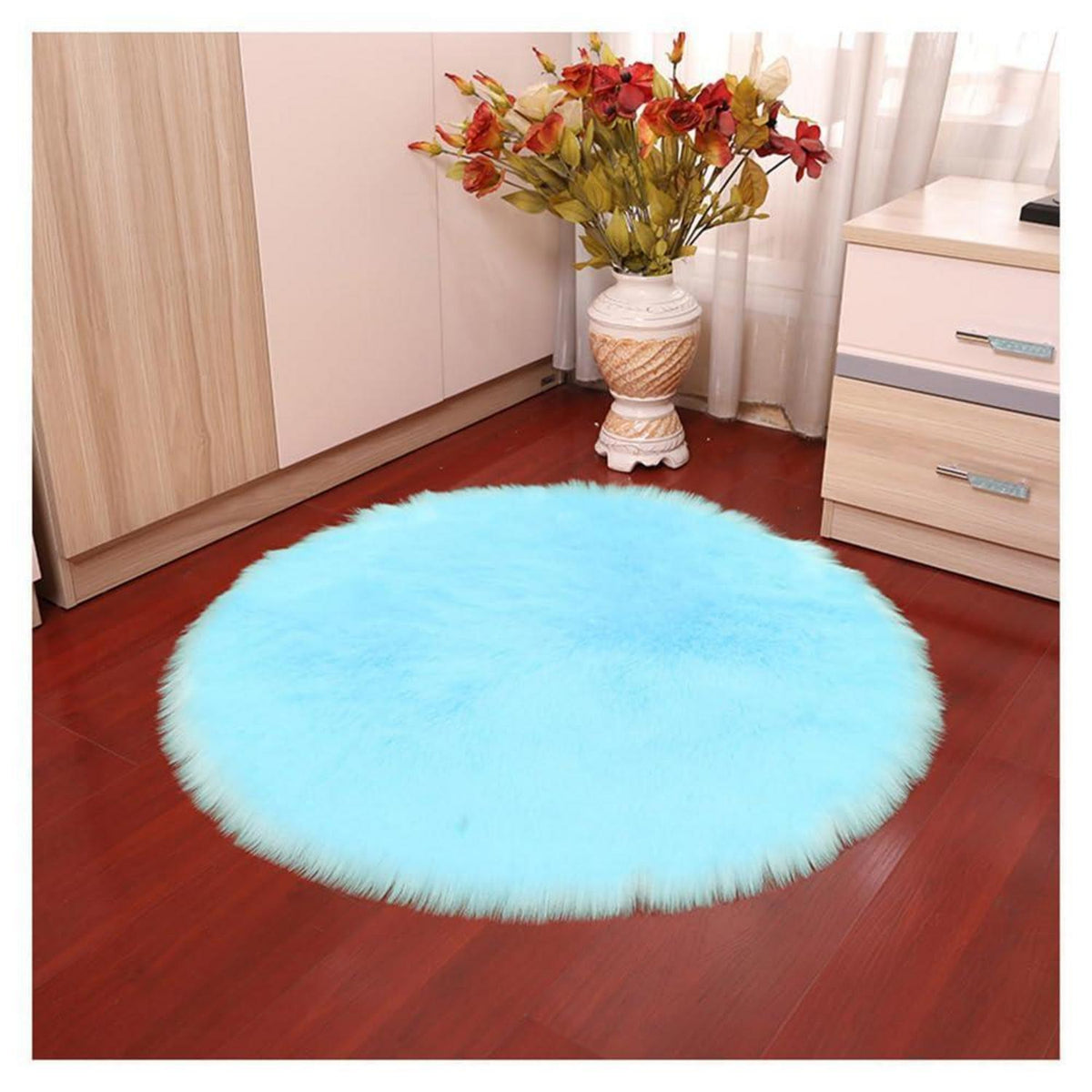 Runder Schaffellteppich Himmelblau – Flauschig & Weich 100x100cm