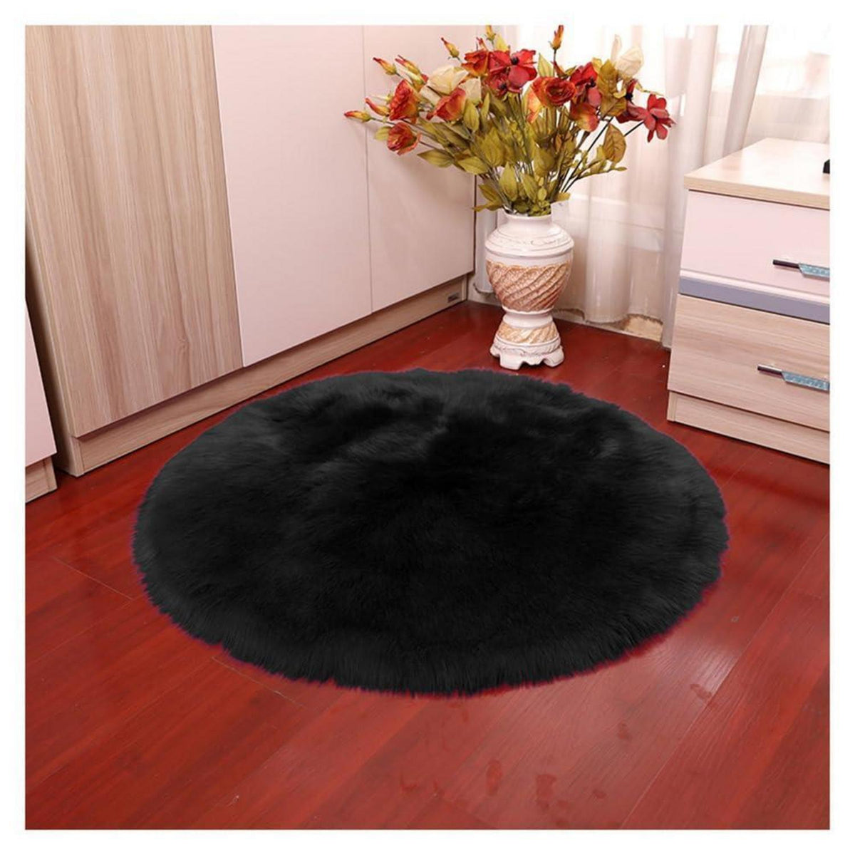 Runder Schaffellteppich Schwarz Flauschig 110x110cm