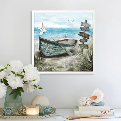 Rustikales Strand Wandposter Möwe Meer Ozean Boot Dekor 40x40cm