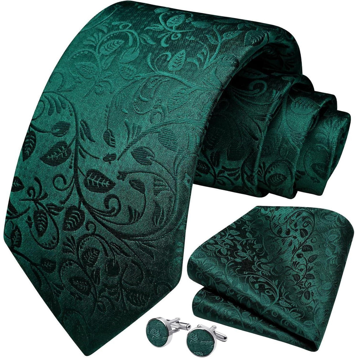 Herren Krawatten Set mit Einstecktuch und Manschettenknöpfen Seide Paisley Grün