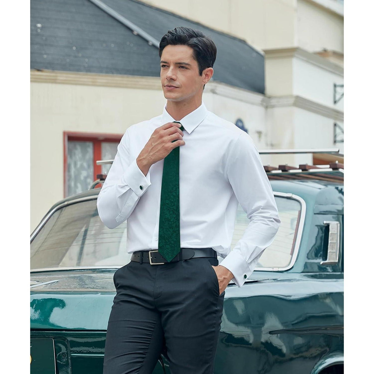 Herren Krawatten Set mit Einstecktuch und Manschettenknöpfen Seide Paisley Grün