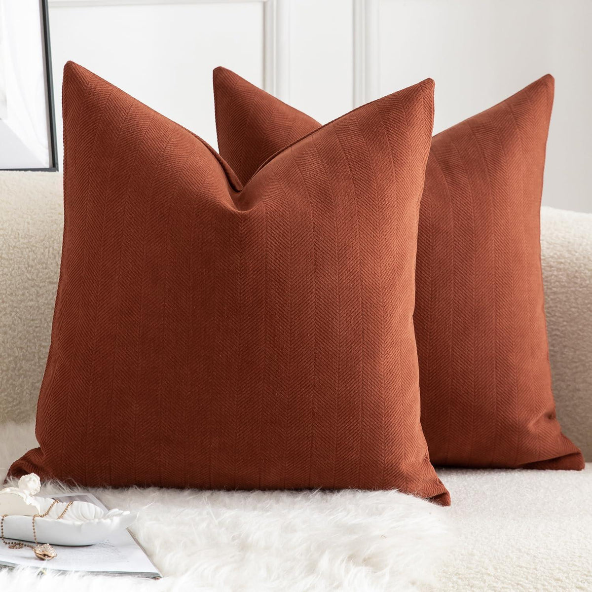 2er Set Kissenbezüge Rostfarben 50x50 cm - Weiche Chenille Optik