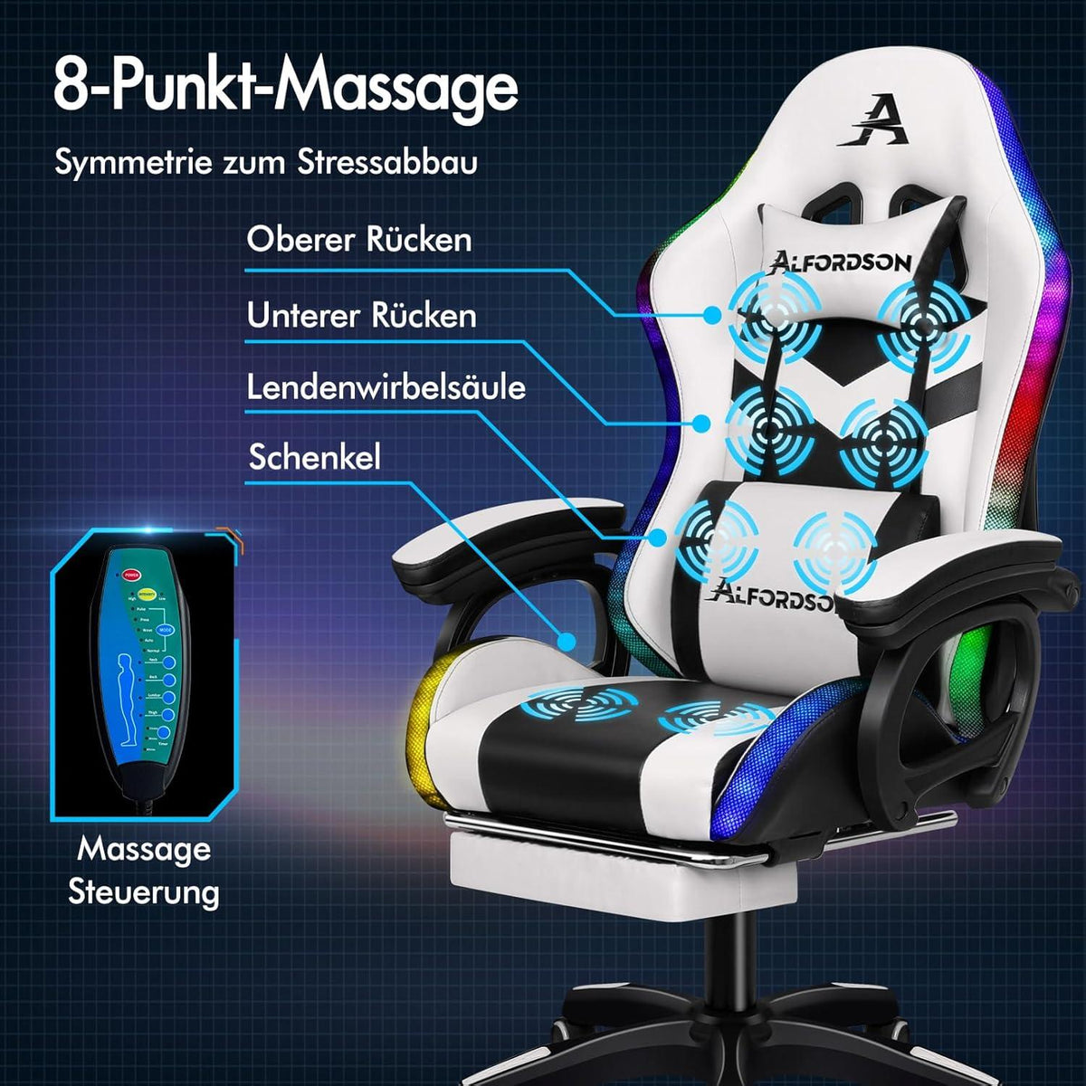 ALFORDSON Gaming-Stuhl LED RGB Massage Lordosenstütze Fußstütze PU Weiß - SerieMarc
