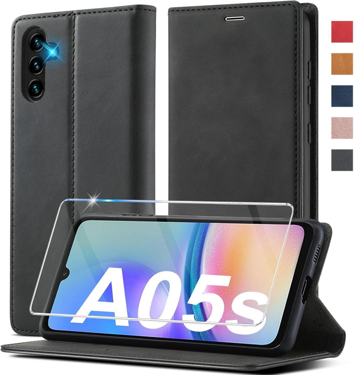 Samsung Galaxy A05S Hülle Leder Klappbar Flip Wallet Schwarz