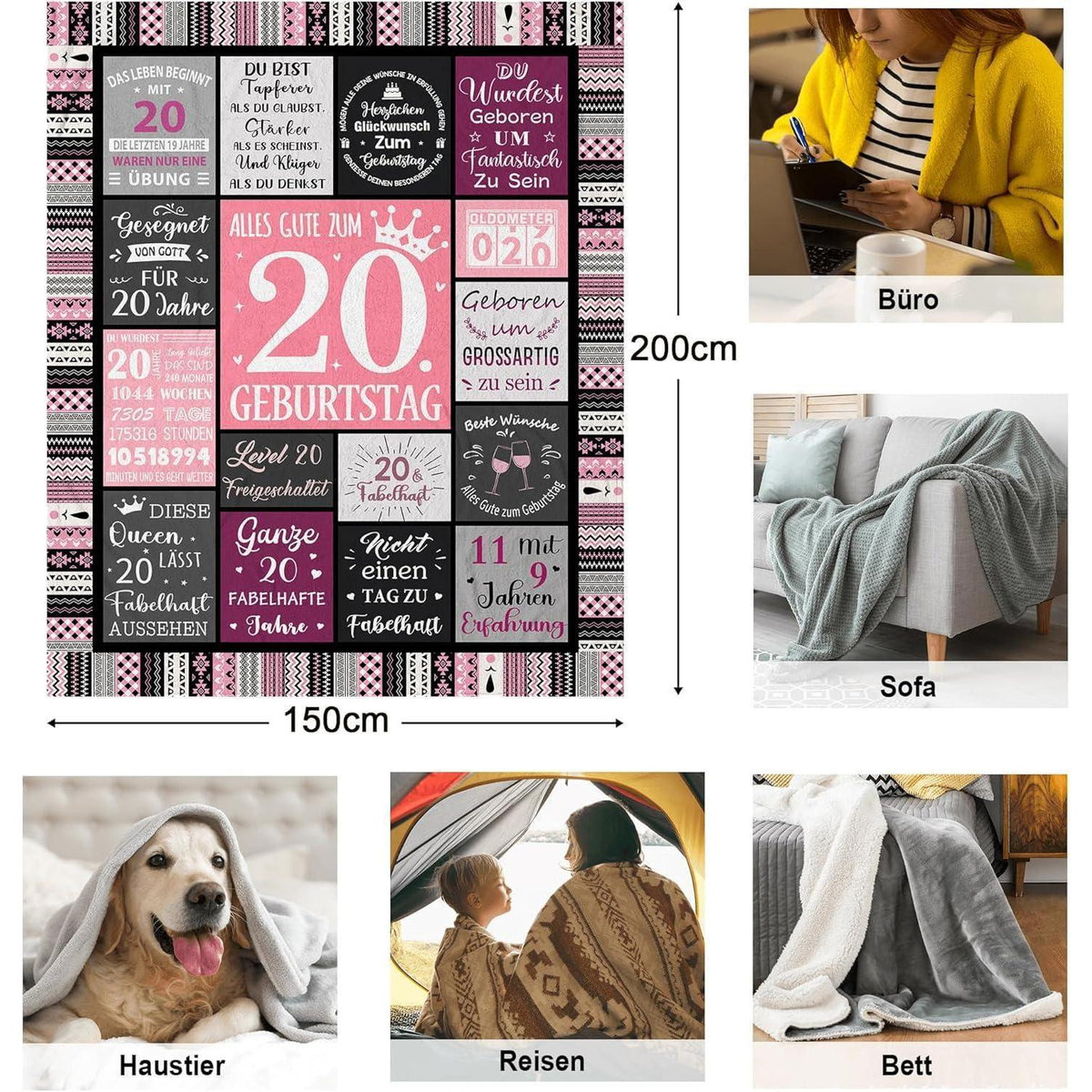 Flanell-Decke 20. Geburtstag Geschenk Frau 200x150cm