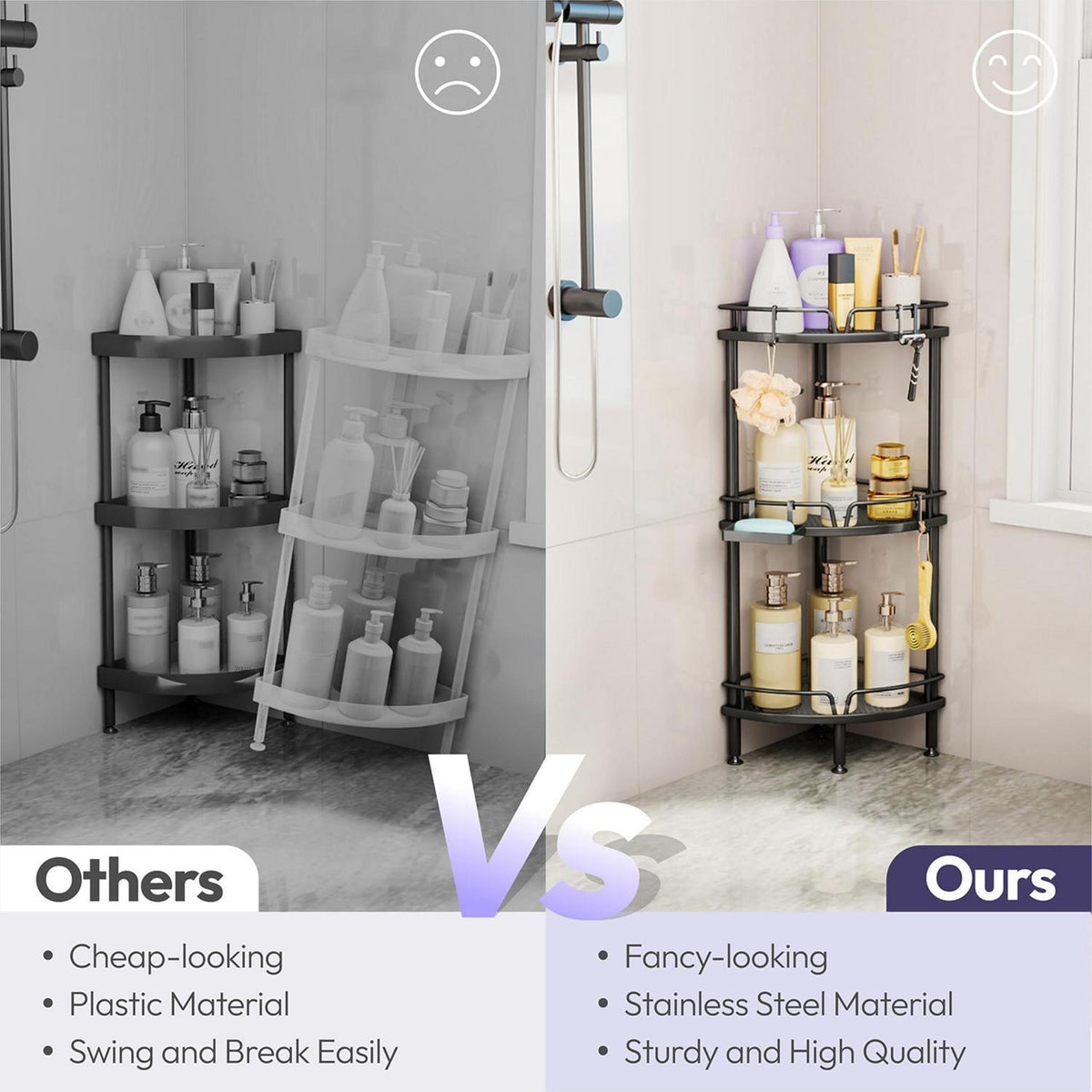 Duschablage Eckig ohne Bohren - Edelstahl 3-Lagen Schwarz
