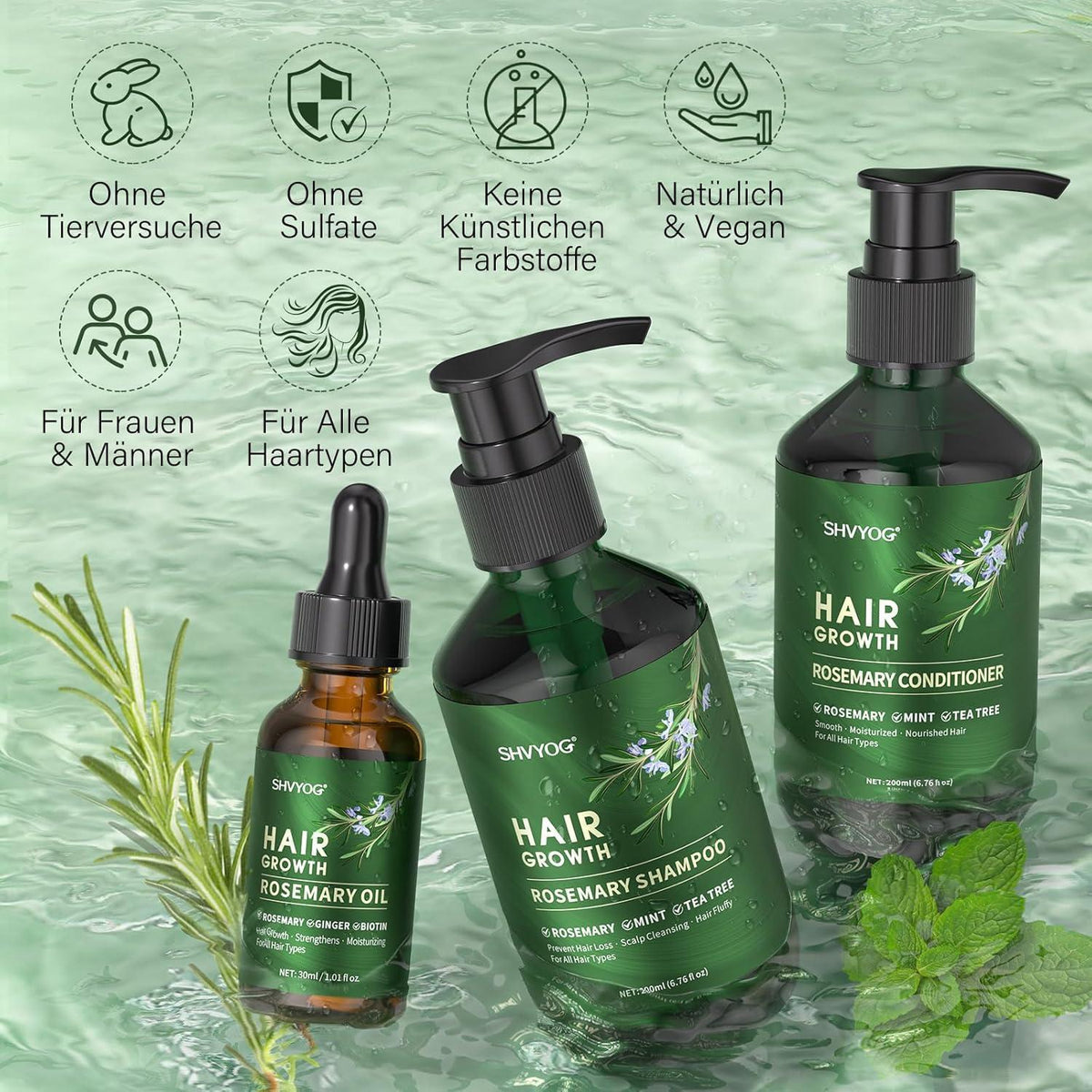 Rosmarin Shampoo & Conditioner Set mit Haarwuchsöl + Bürste