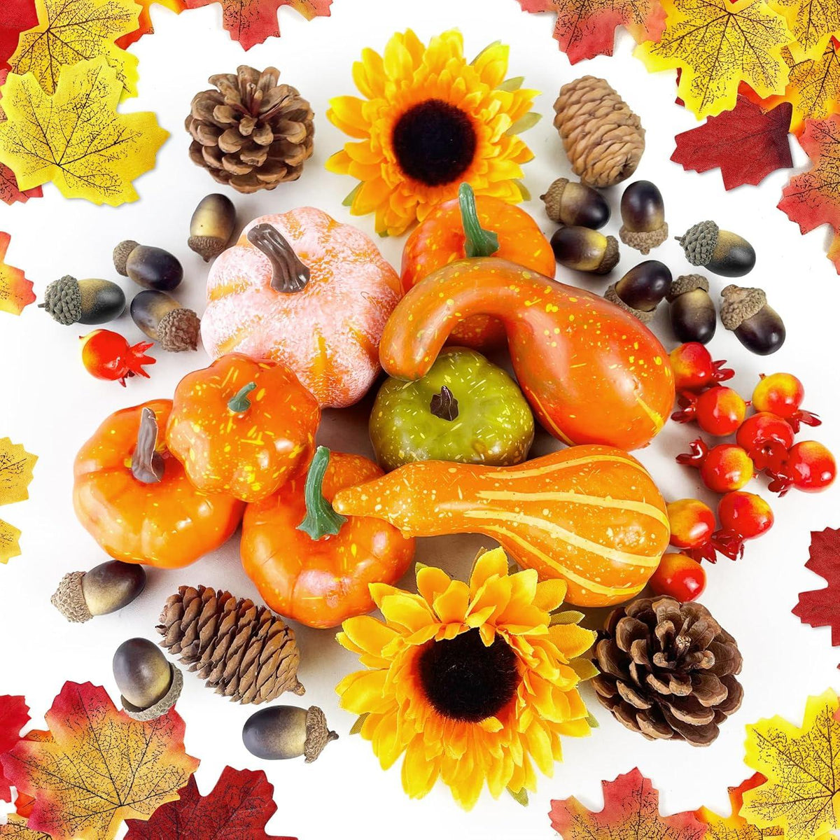 Herbst Kürbis Deko Set 160pcs Ahornblätter Eicheln Tannenzapfen