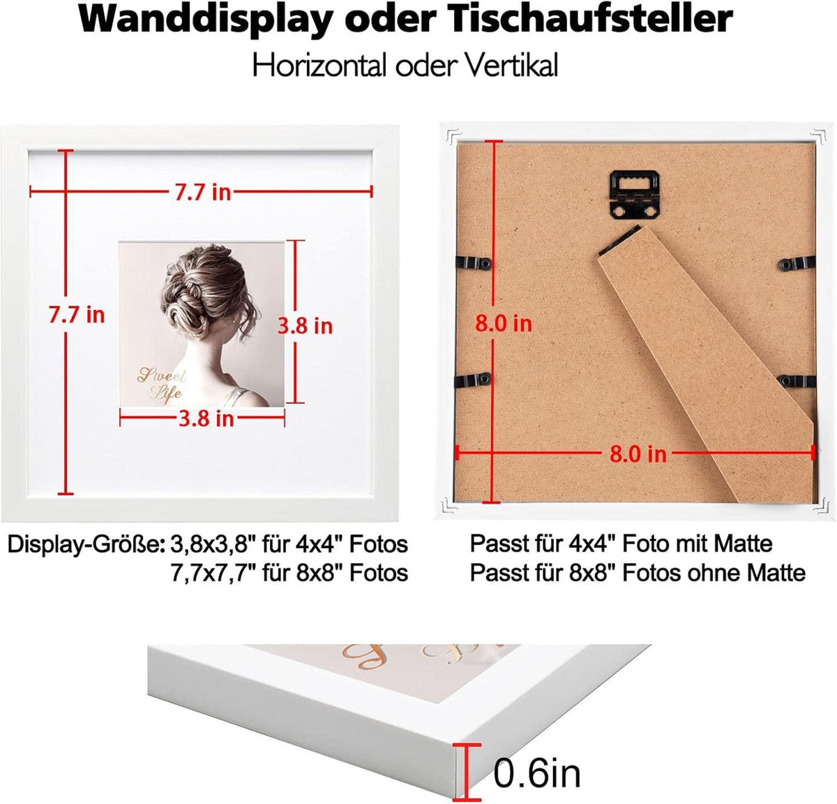 Bilderrahmen 20x20 cm Holz Fotorahmen echtem Glas 10x10cm