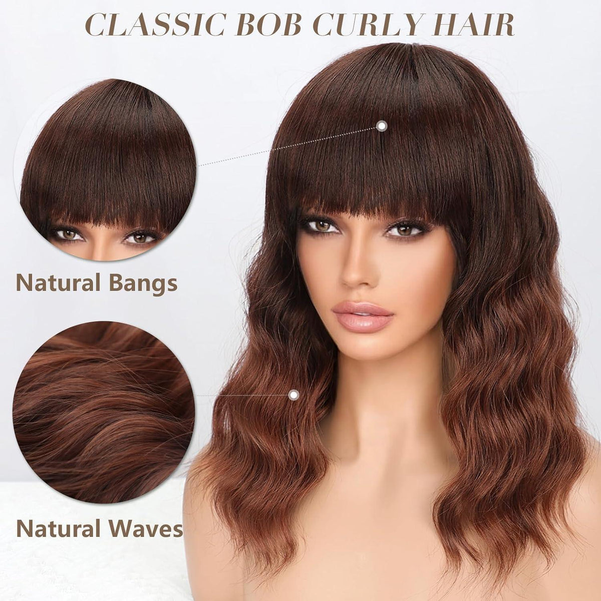 Kurze Ombre Braun Wellige Perücke mit Pony