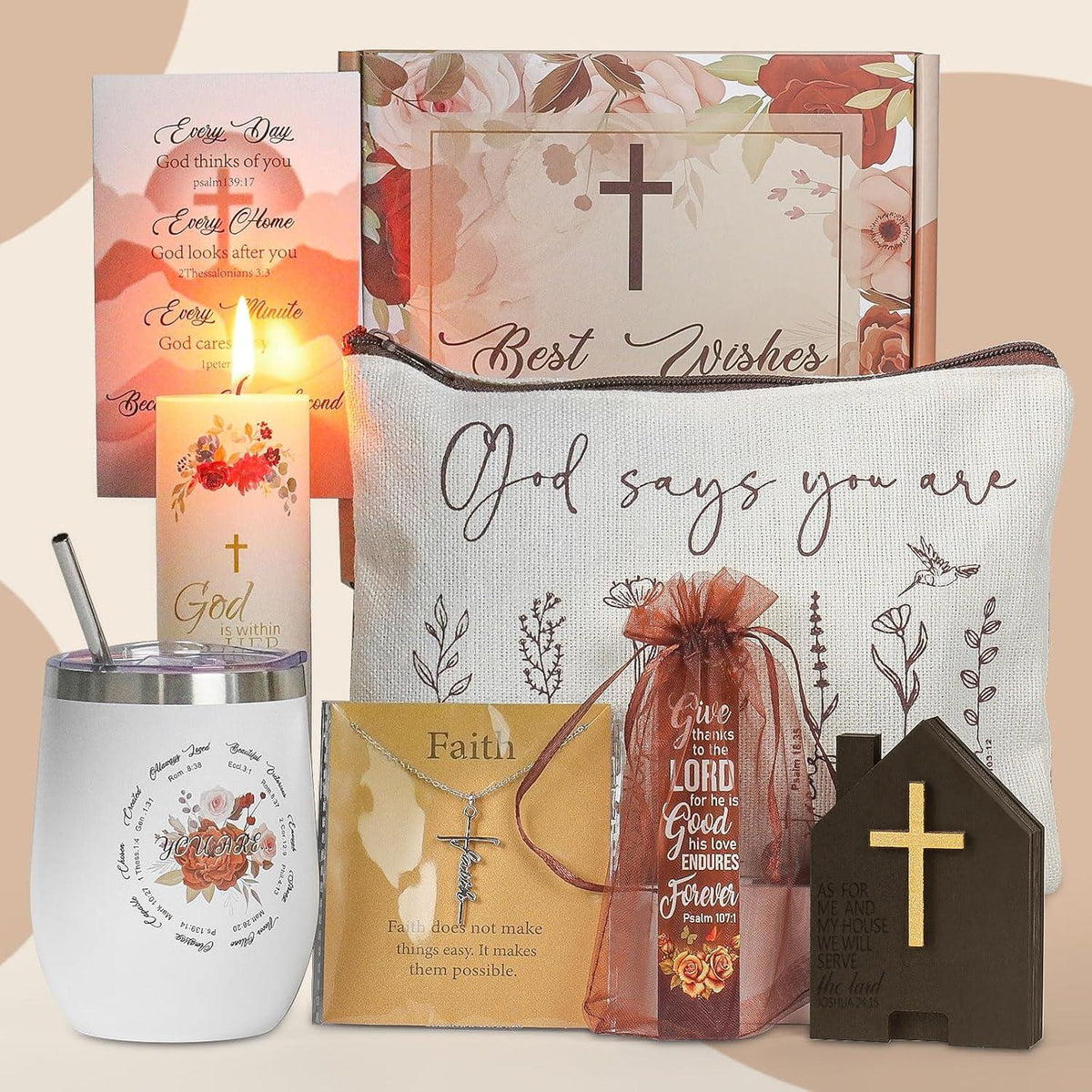 Geschenkset für Frauen Geburtstag Weihnachten Edelstahlbecher Kerze Lesezeichen christliches Geschenk