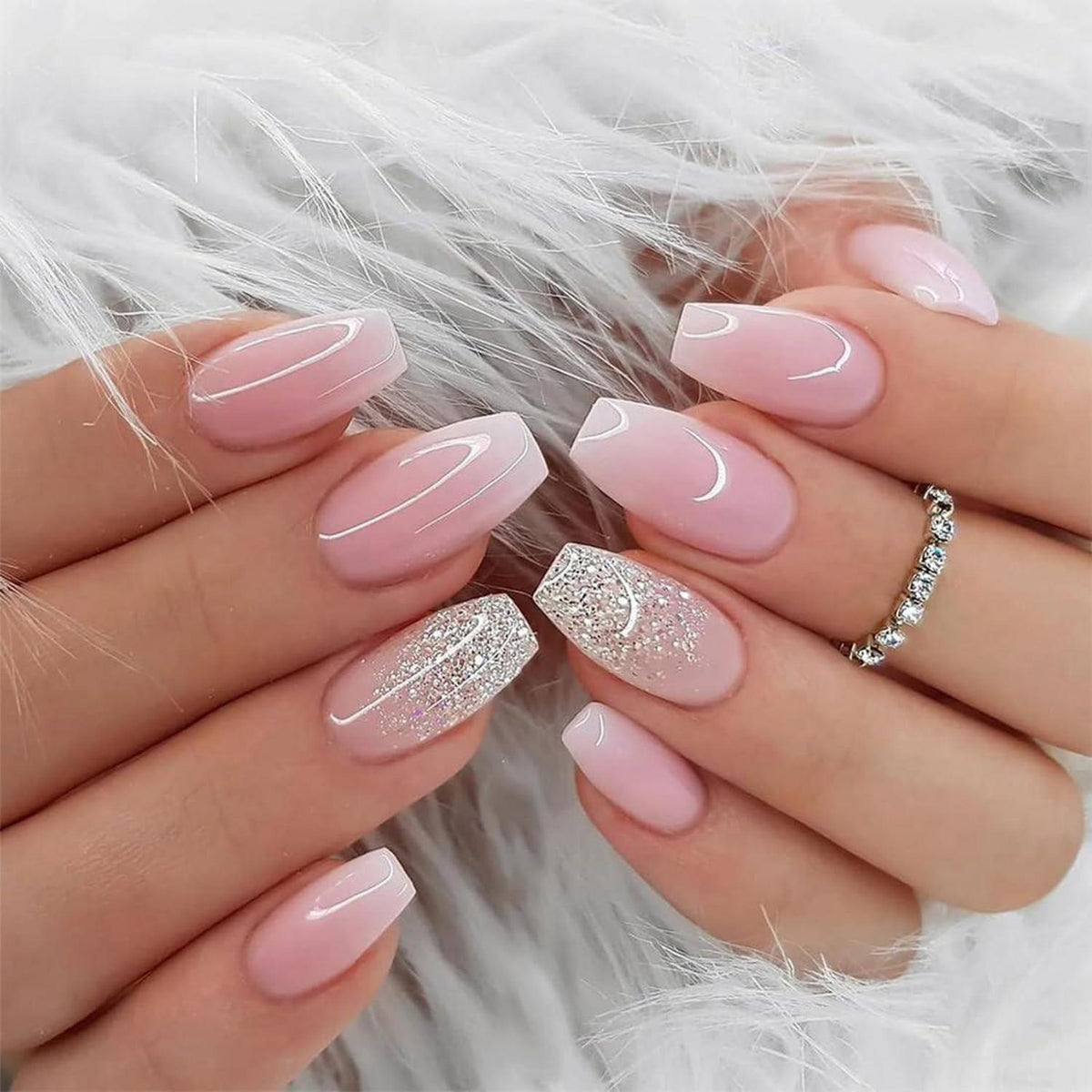 Rosa Glitzer Eckige Press On Nails – 24 Stück Künstliche Nägel