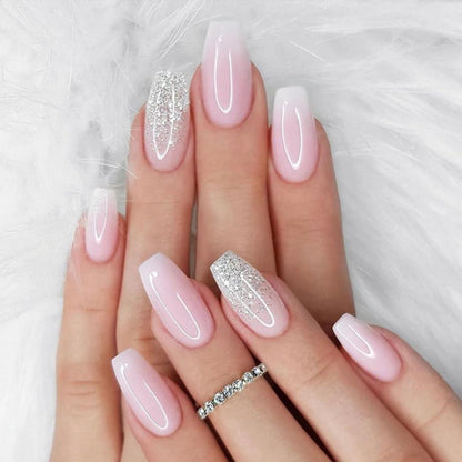Rosa Glitzer Eckige Press On Nails – 24 Stück Künstliche Nägel
