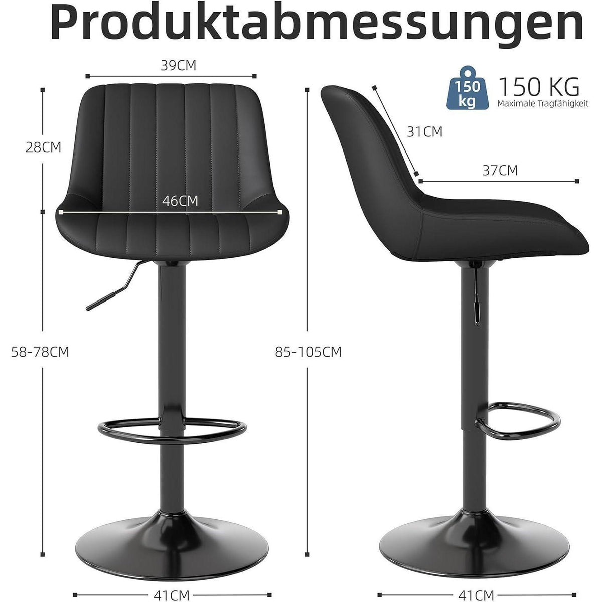 Drehbare Barhocker Set 2 Schwarz, Höhenverstellbar & Komfortabel