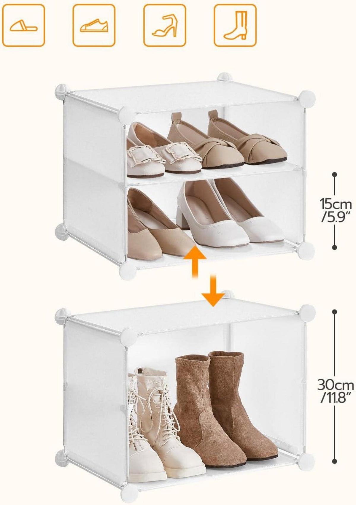 Schuhregal mit 15 Fächern und Türen, Weiß 120 x 30 x 150 cm