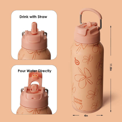 Edelstahl Trinkflasche 1L mit Strohhalm Sport Thermoskanne Isolierflasche