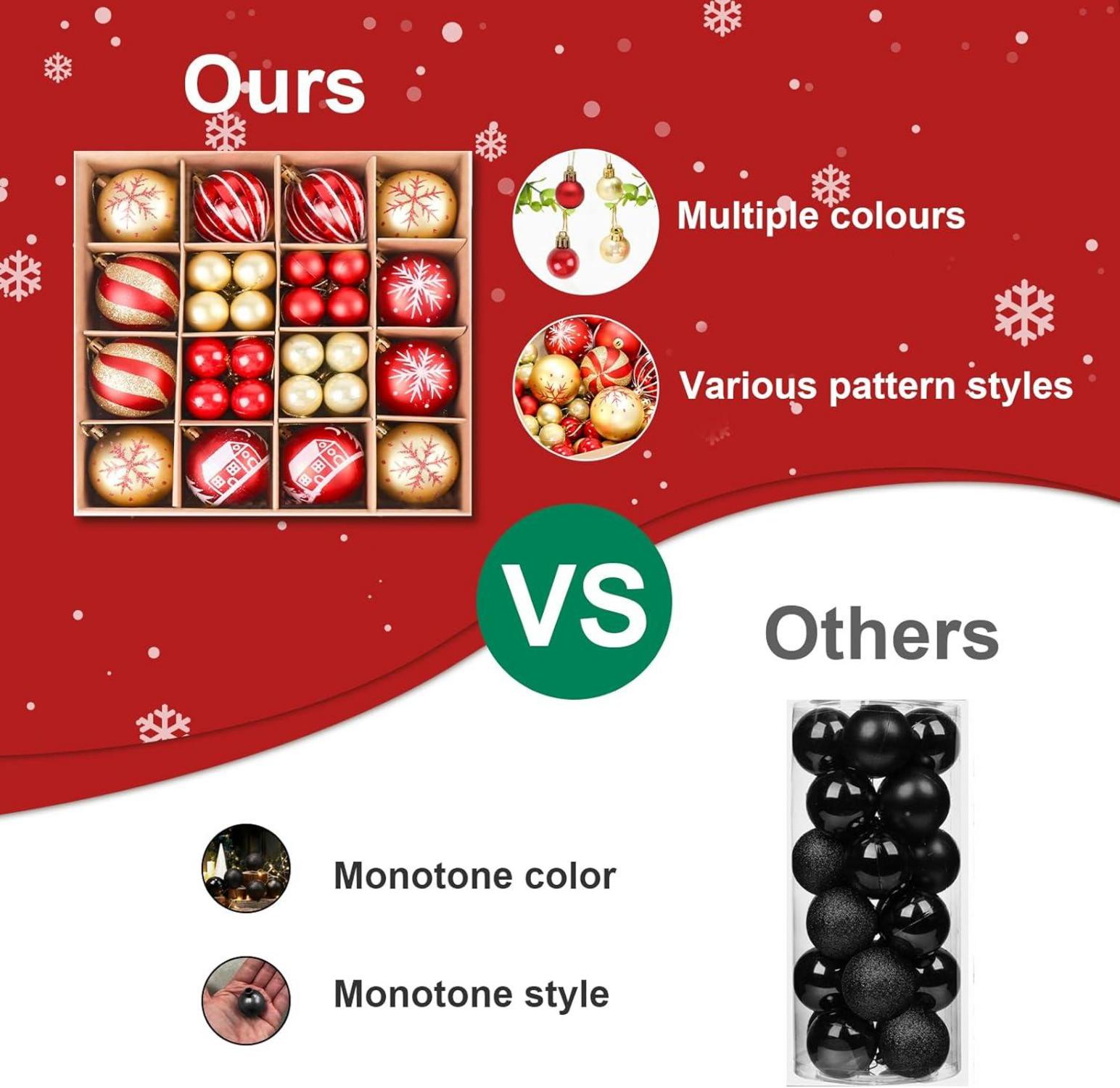 44 Stücke Weihnachtskugeln Set Kunststoff Rot&Gold 6 cm 3 cm Glitzernde Matte Christbaumkugeln Weihnachtsbaum Deko