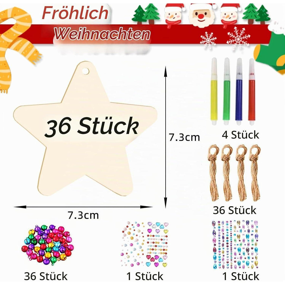 36 Holzsterne Bastelset Weihnachten – DIY Baumschmuck & Deko
