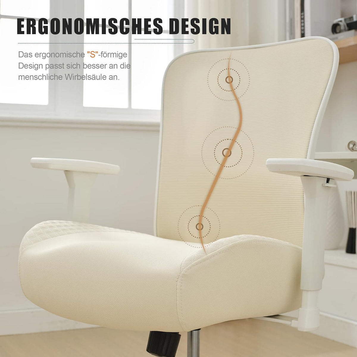 Ergonomischer Bürostuhl bis 230KG mit Wippfunktion, Armlehnen - Beige