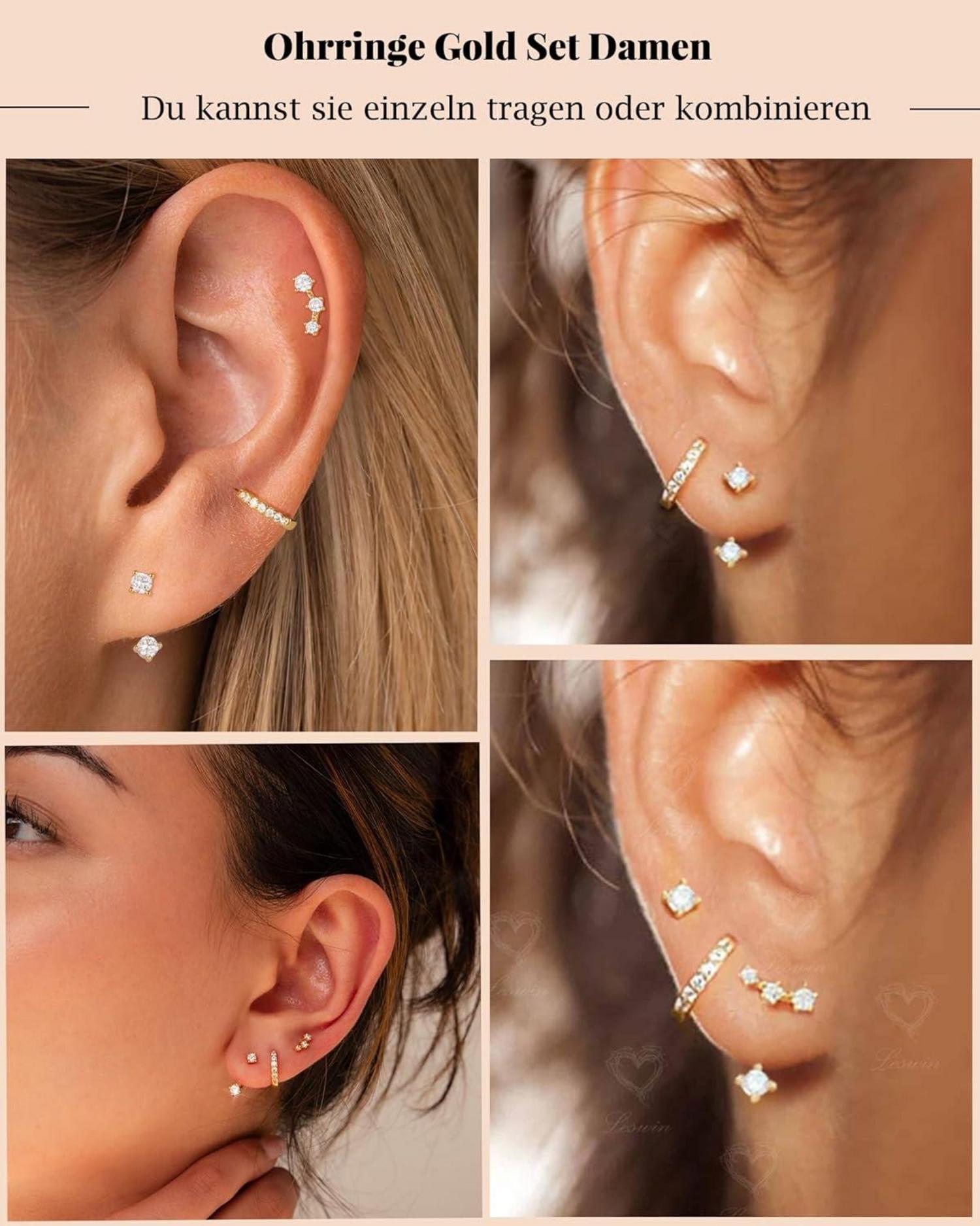 FUNEIA Damen Ohrringe Set Silber 925 Gold Zirkonia Stapelbar Hypoallergen