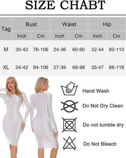 Damen Glänzendes Bodycon Bleistiftkleid Langarm Weiß M XL