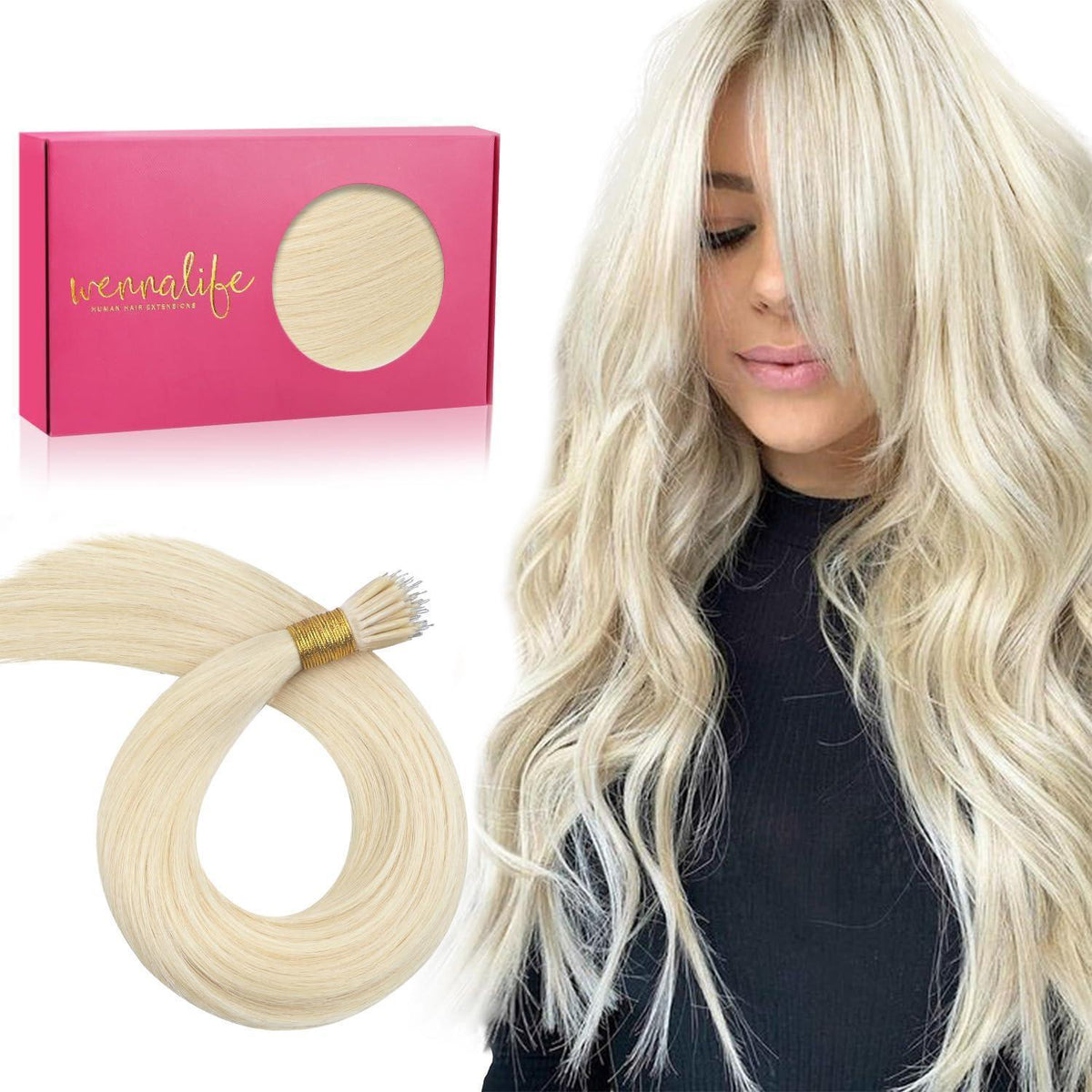 Echthaar Nano Ring Extensions Platinblond 60cm