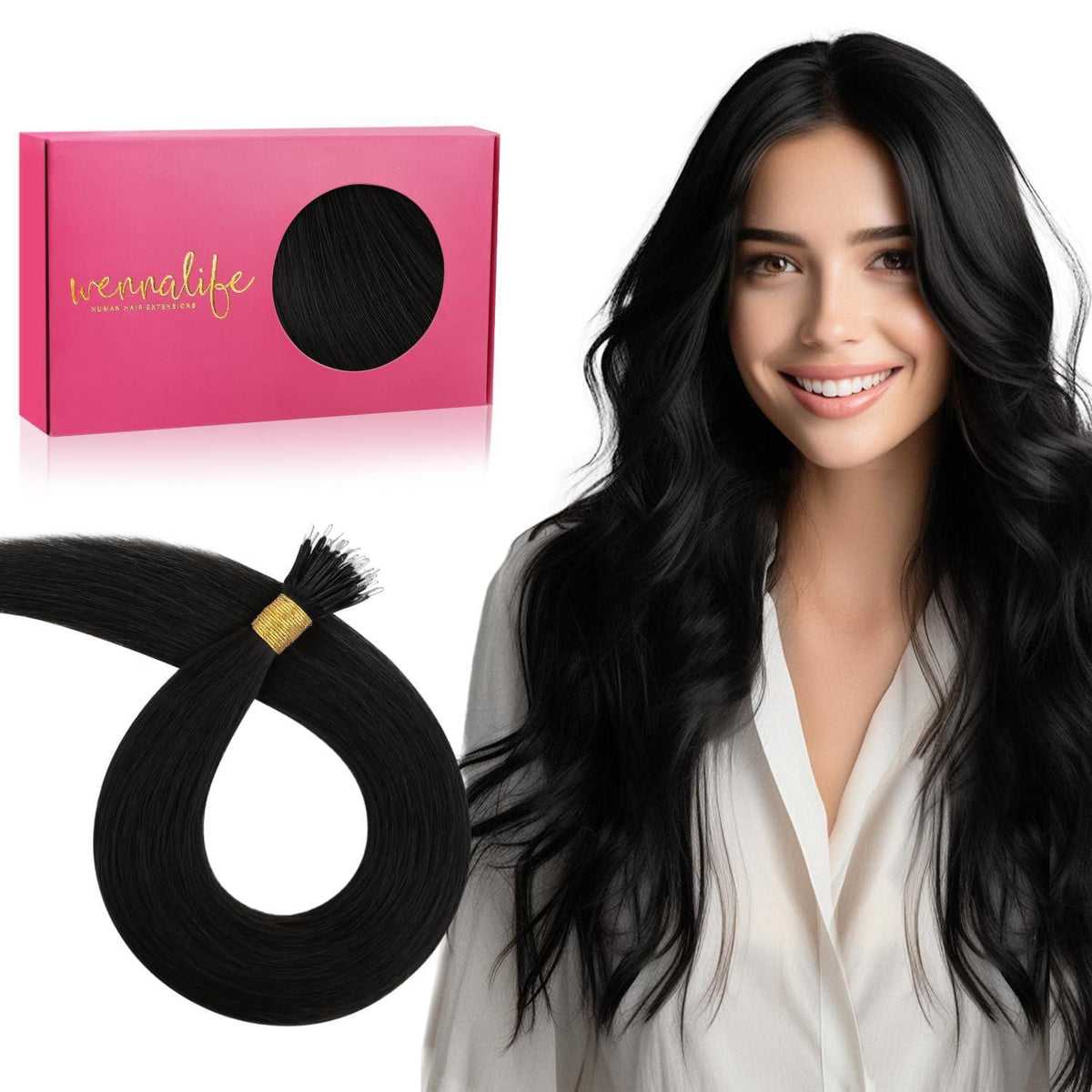 Echthaar Nano Ring Extensions Schwarz 50cm - 50g