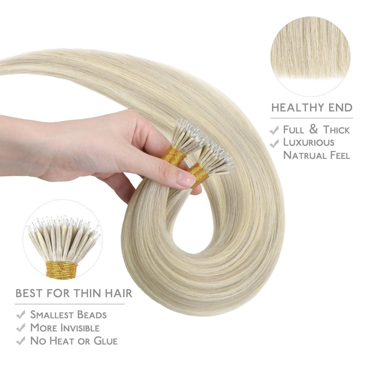 Nanoring Extensions Echthaar Aschblond Highlights Platinblond 55cm