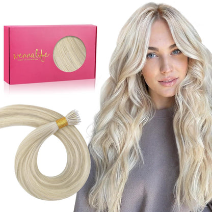 Echthaar Nano Ring Extensions Aschblond Highlights 60cm