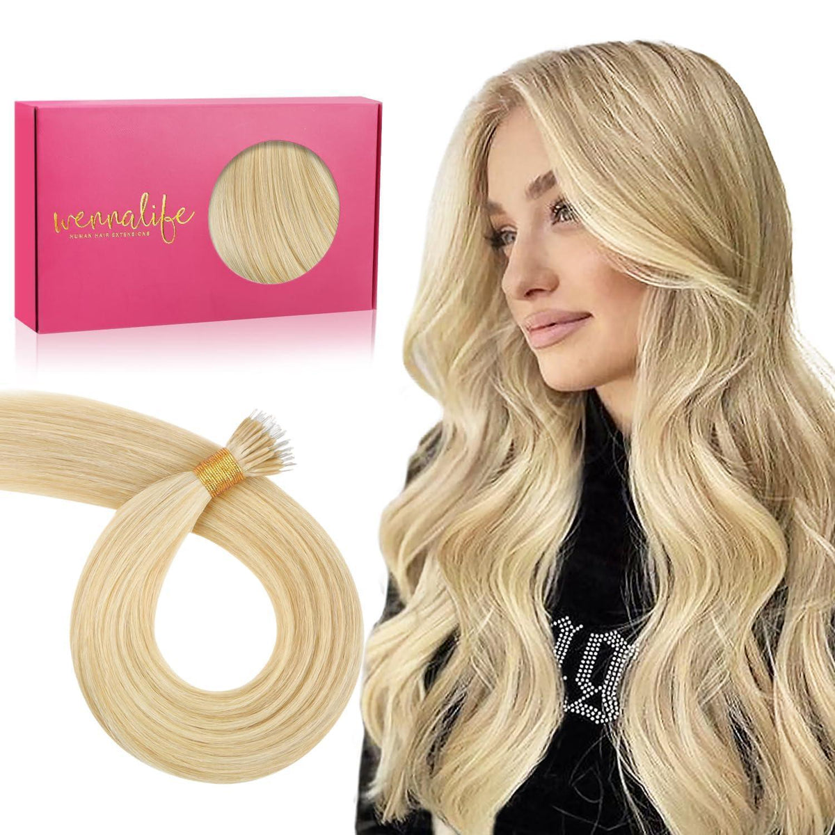 Echthaar Nano Ring Extensions Hellblond Highlights