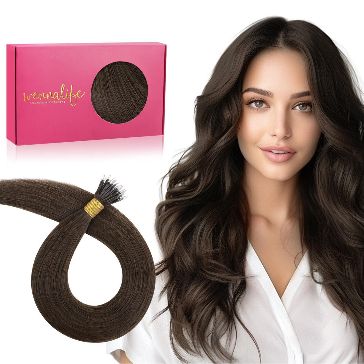 Echthaar Nano Ring Extensions Schokoladenbraun 55cm