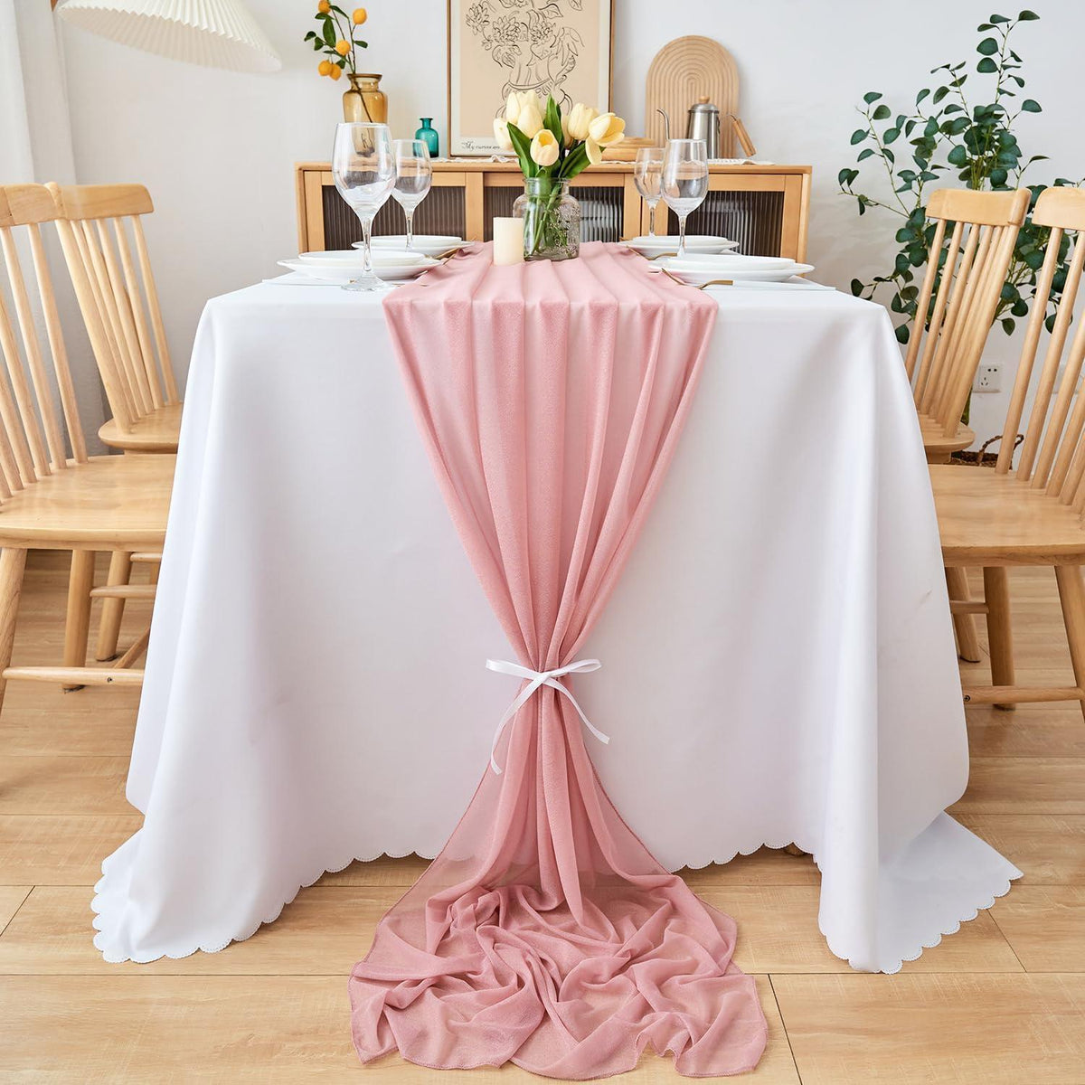 Altrosa Tischläufer Chiffon 77x300cm - 2er Set Boho Hochzeit Deko