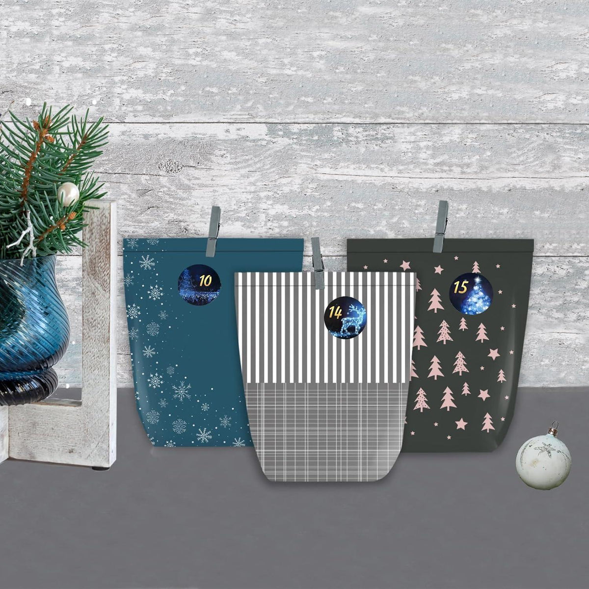 PANSIBY 24-teiliger DIY Adventskalender zum Befüllen Blau Grau Schwarz Grün