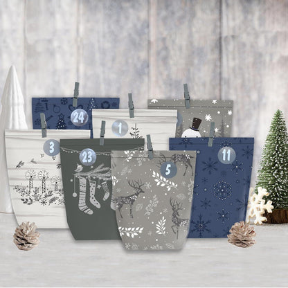 Adventskalender zum Befüllen 24 Weihnachts Papiertüten Blau